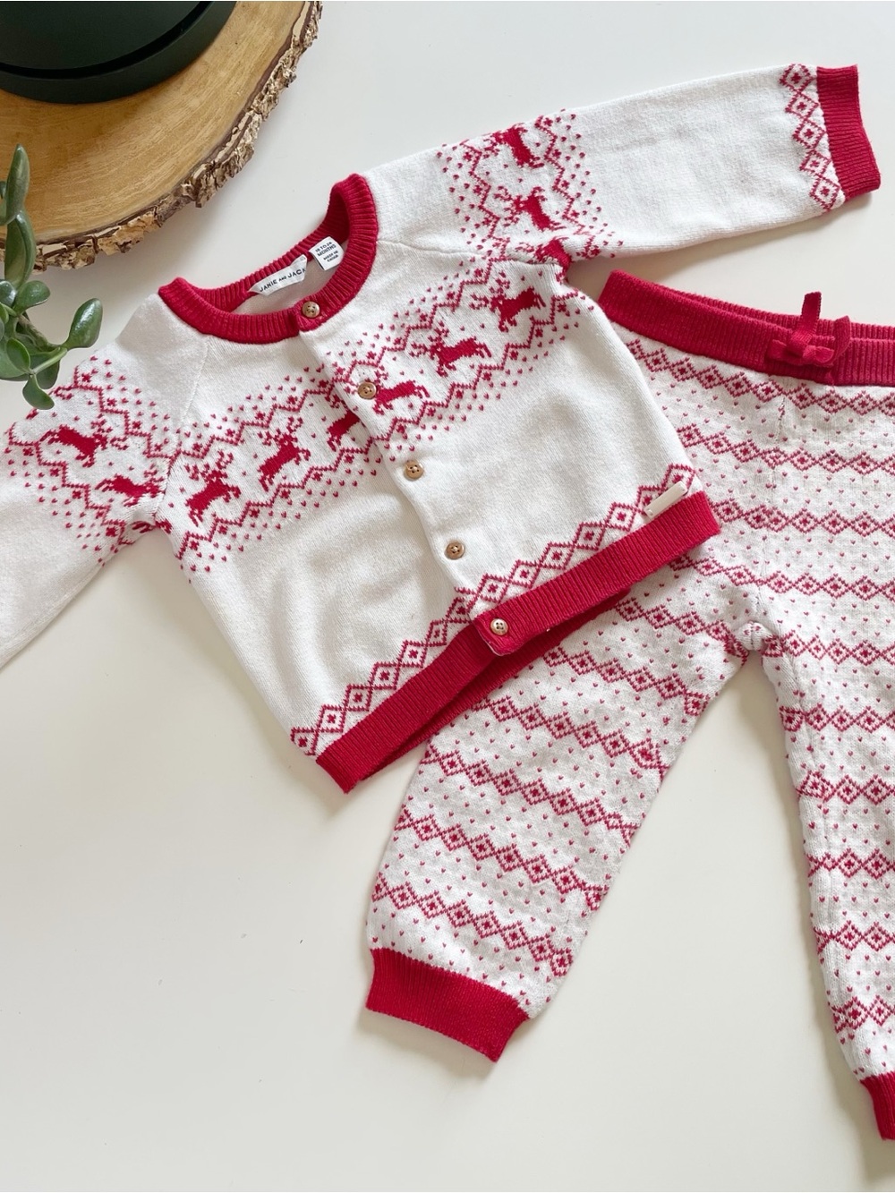 Janie and Jack Fair Isle Red & White Winter Sweater Cardigan & Knit Pants Set